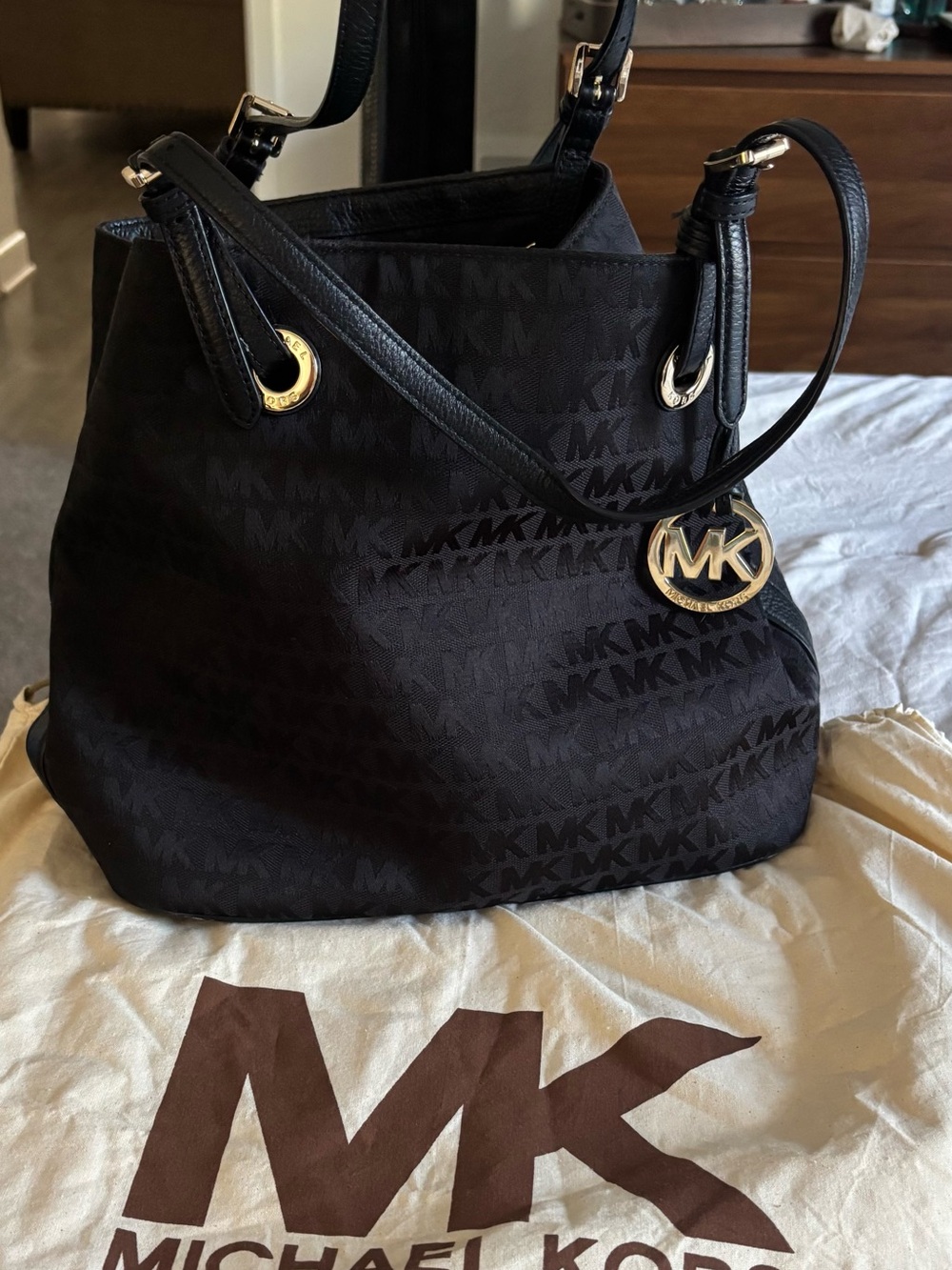 Michael Kors Black Jacquard Logo Shoulder Bag with Gold Charm